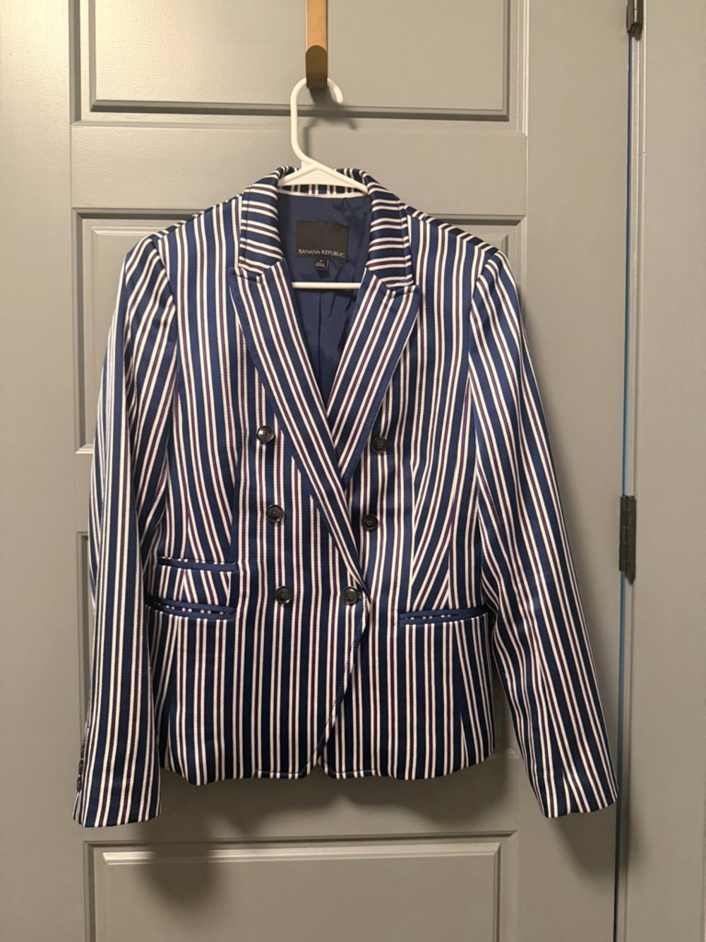 Banana Republic Navy and White Striped Double-Breasted Blazer